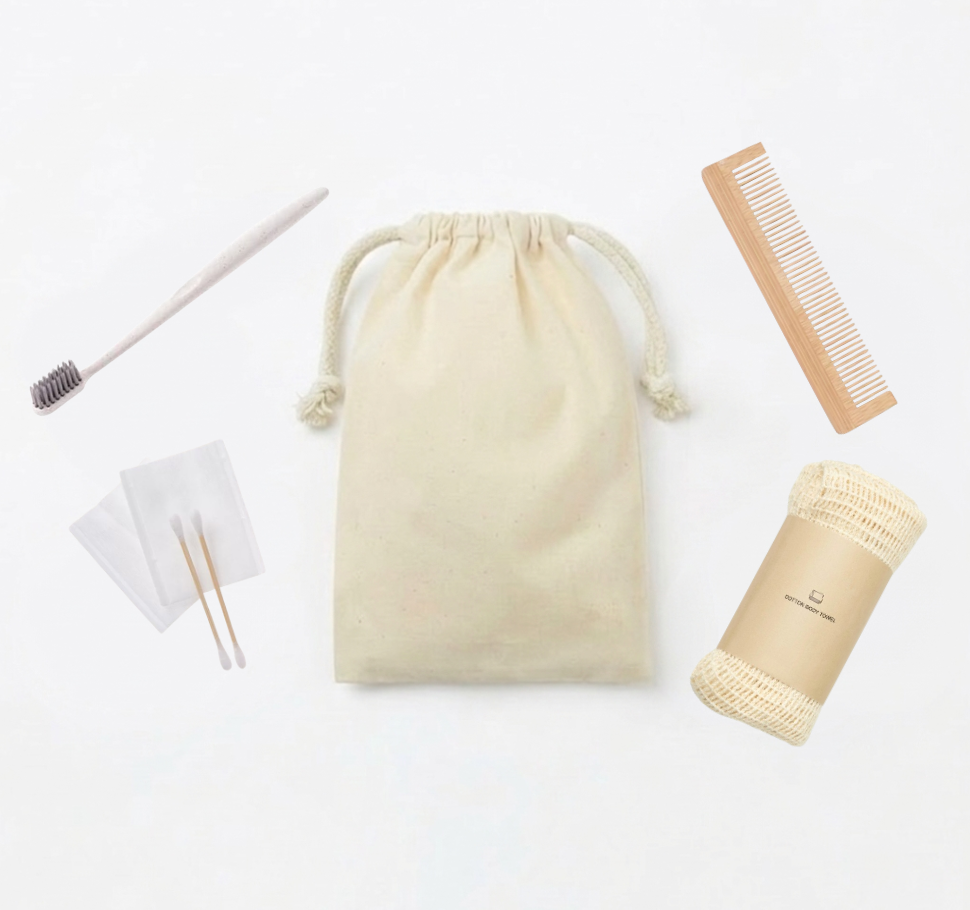 コットン巾着付き女性用アメニティ4点セット　SUS Amenity Set -for WOMEN- (4-Piece)