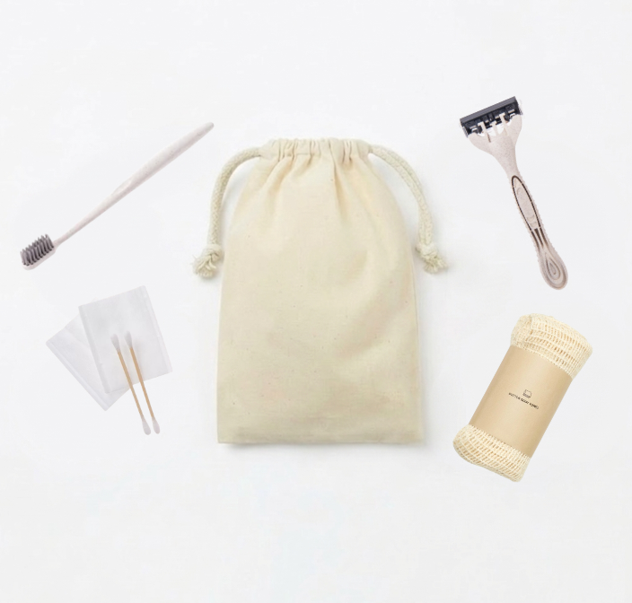 コットン巾着付き男性用アメニティ4点セット　SUS Amenity Set -for MEN- (4-Piece)